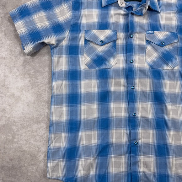 Dixxon Rincon Bamboo Blend Short Sleeve Plaid Snap Button Shirt Large Blue White - Picture 9 of 11